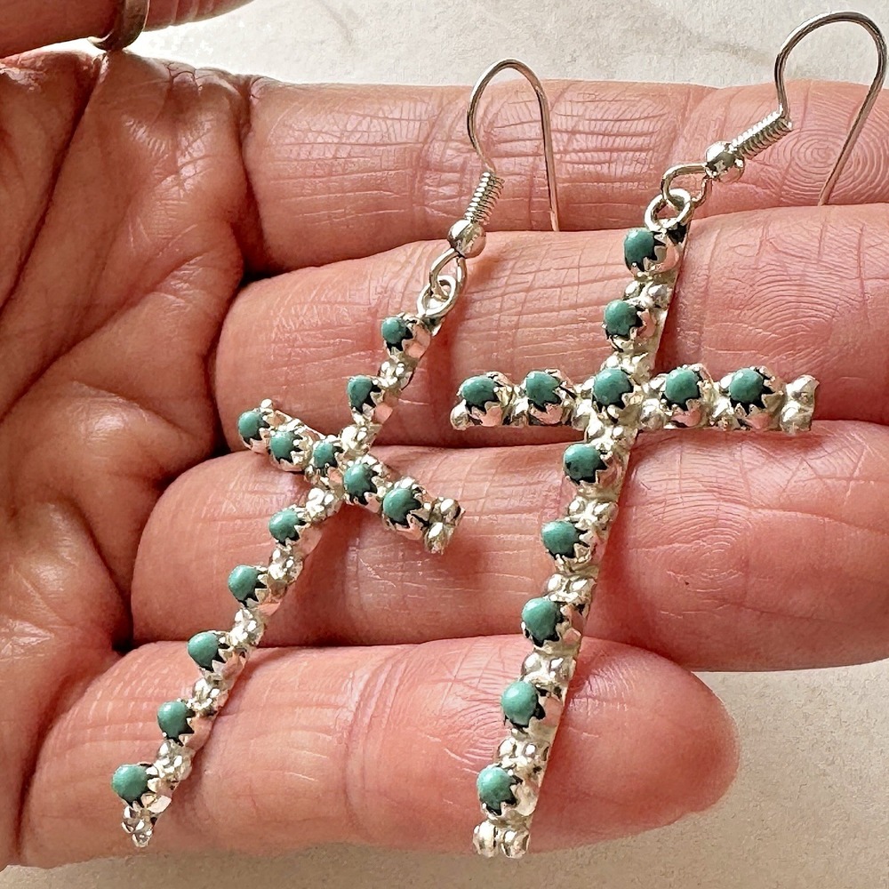 Native American Cross Earrings Zuni Sleeping Beauty Turquoise Sterling Silver - Picture 3 of 8